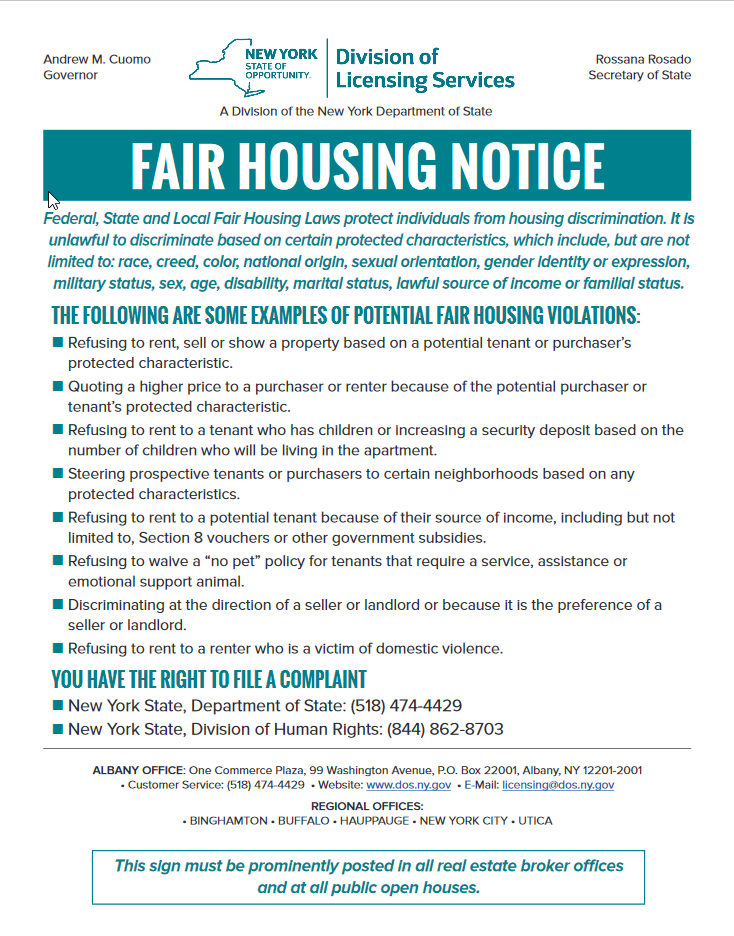 Poster for Fair Housing Notice from the Division of Licensing Services in the New York State Department of State
